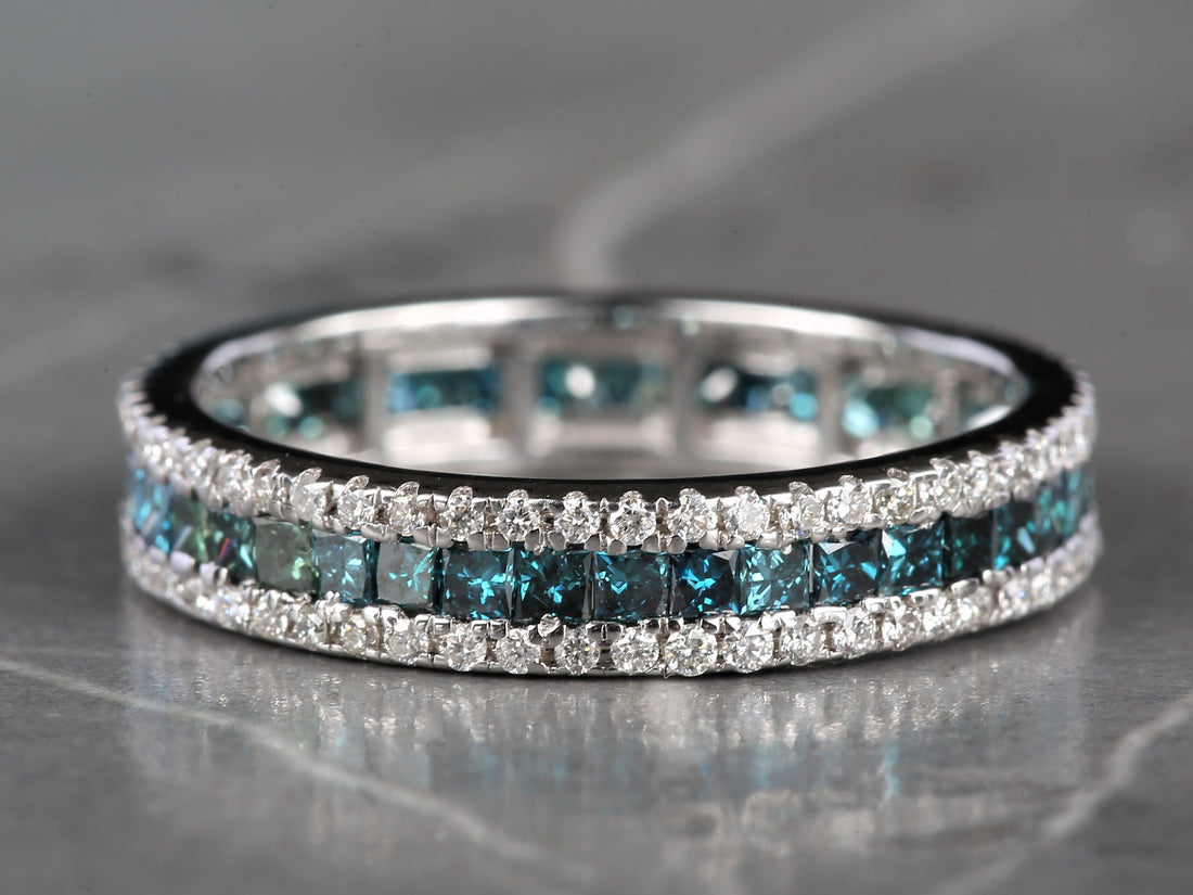 Blue Diamond Ring, 14K Gold Engagement Ring, Natural Princess Diamond Full Eternity Ring, Gift for Her