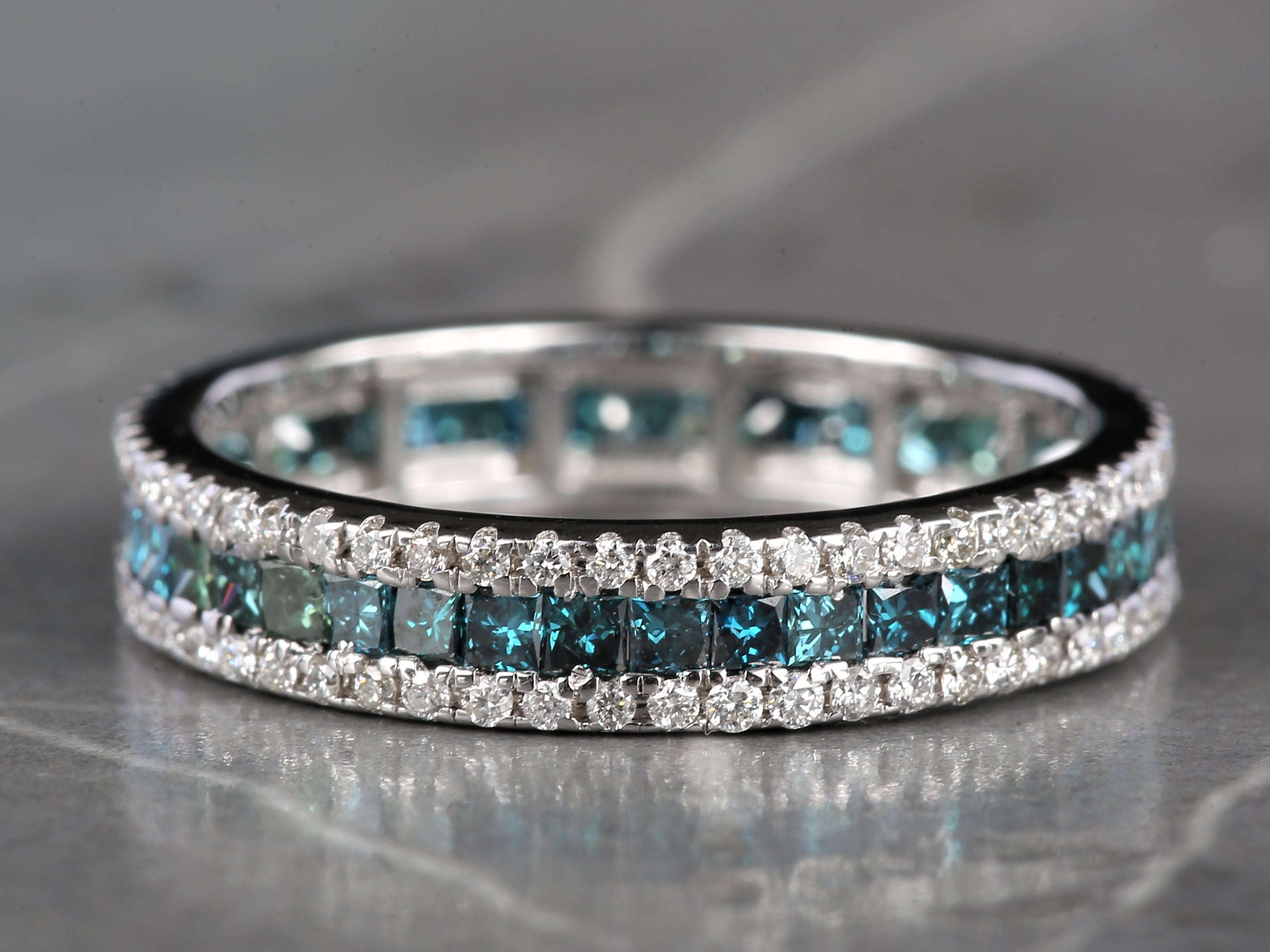 Blue Diamond Ring, 14K Gold Engagement Ring, Natural Princess Diamond Full Eternity Ring, Gift for Her