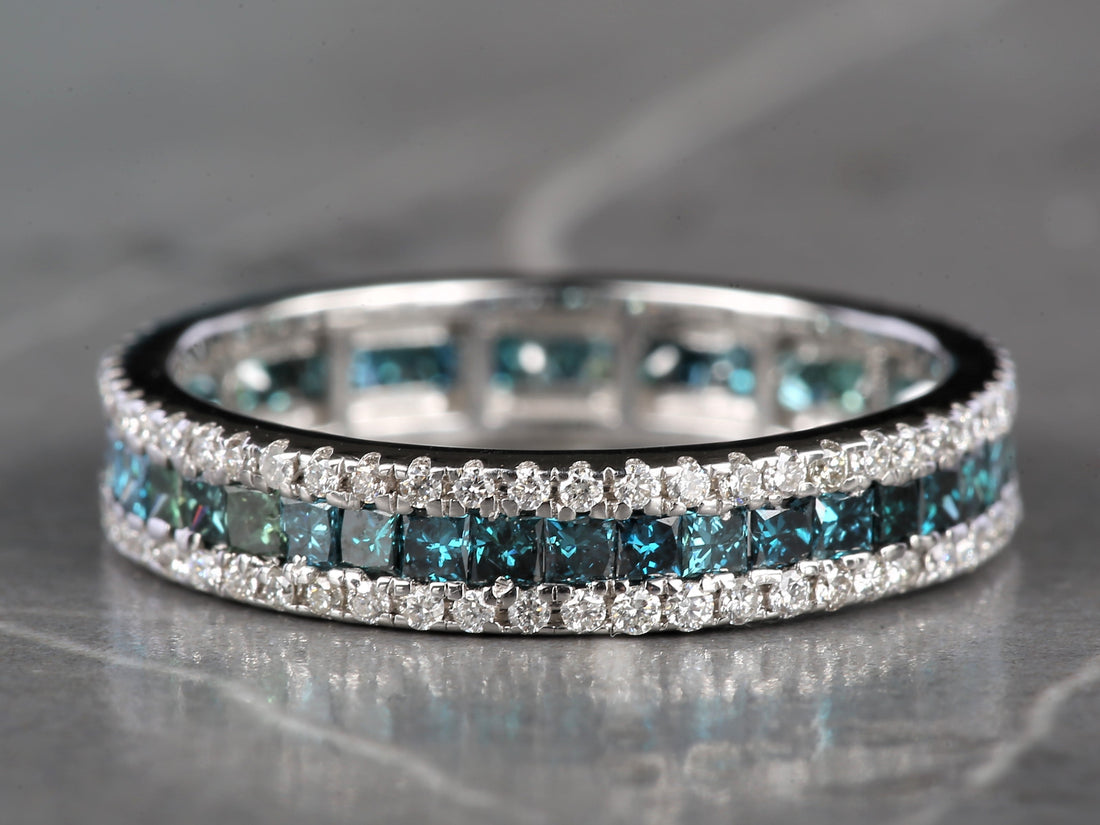 Blue Diamond Ring, 14K Gold Engagement Ring, Natural Princess Diamond Full Eternity Ring, Gift for Her