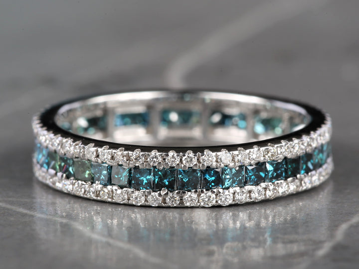 Blue Diamond Ring, 14K Gold Engagement Ring, Natural Princess Diamond Full Eternity Ring, Gift for Her