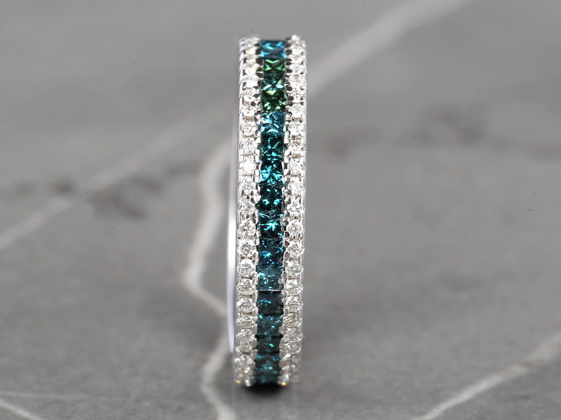 Blue Diamond Ring, 14K Gold Engagement Ring, Natural Princess Diamond Full Eternity Ring, Gift for Her