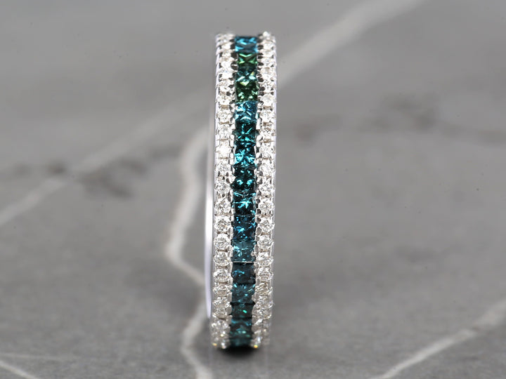 Blue Diamond Ring, 14K Gold Engagement Ring, Natural Princess Diamond Full Eternity Ring, Gift for Her