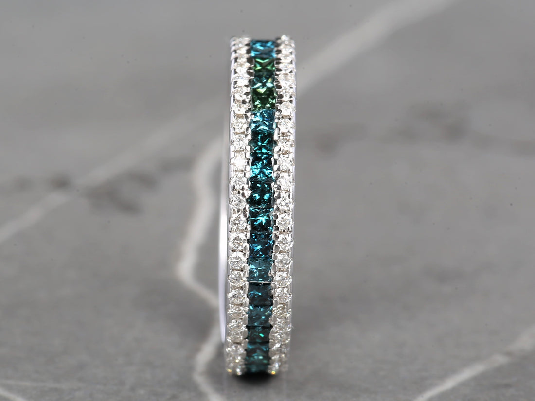 Blue Diamond Ring, 14K Gold Engagement Ring, Natural Princess Diamond Full Eternity Ring, Gift for Her