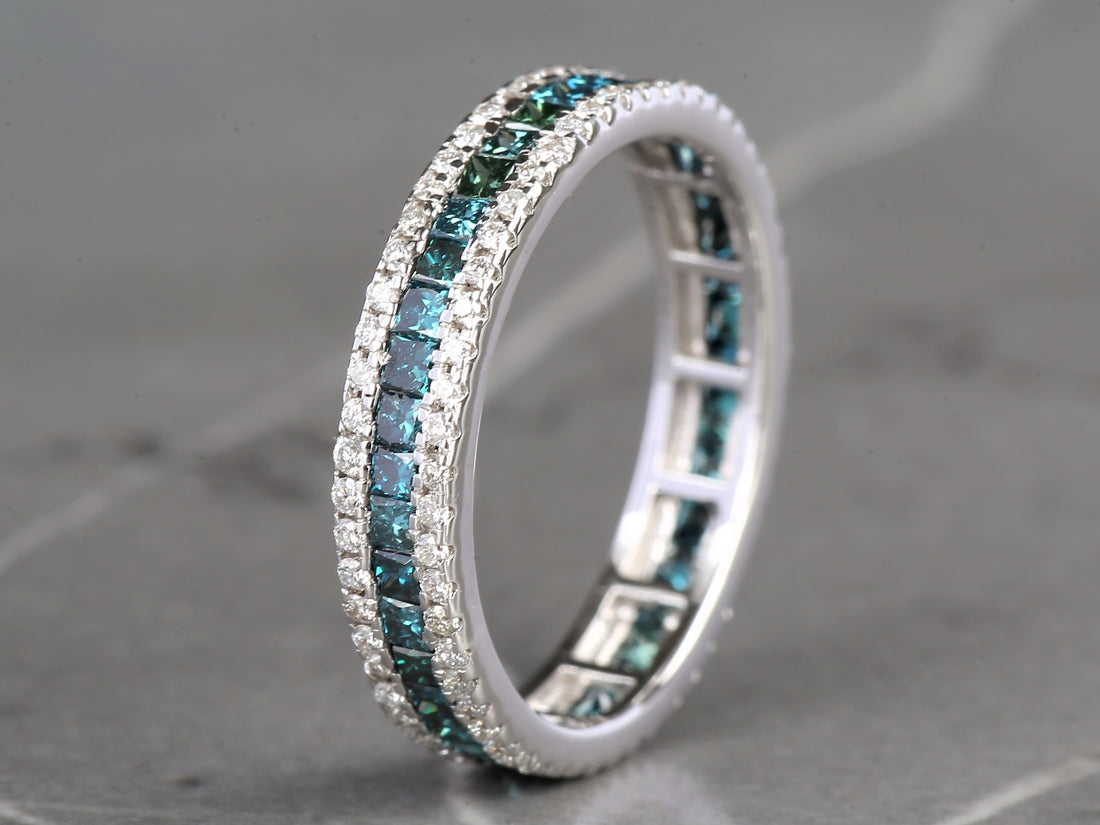 Blue Princess Cut Diamond Ring 14K Gold Anniversary Band, Natural Diamond Ring, Gift for Her