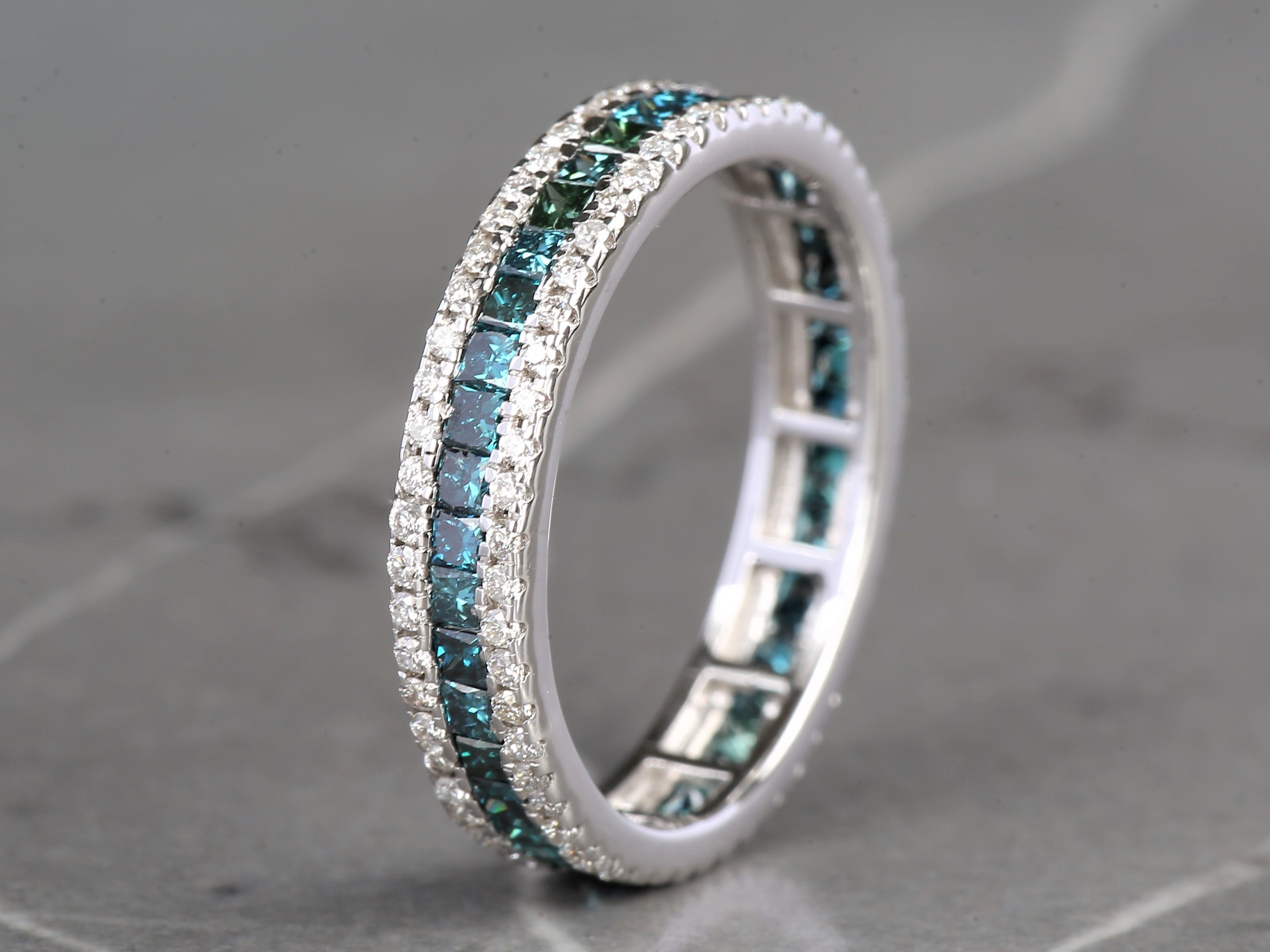 Blue Diamond Ring, 14K Gold Engagement Ring, Natural Princess Diamond Full Eternity Ring, Gift for Her