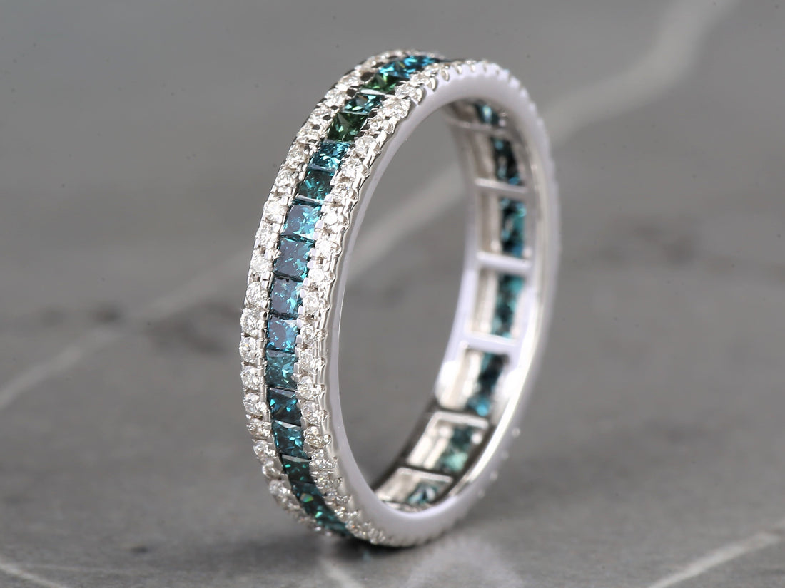 Blue Diamond Ring, 14K Gold Engagement Ring, Natural Princess Diamond Full Eternity Ring, Gift for Her