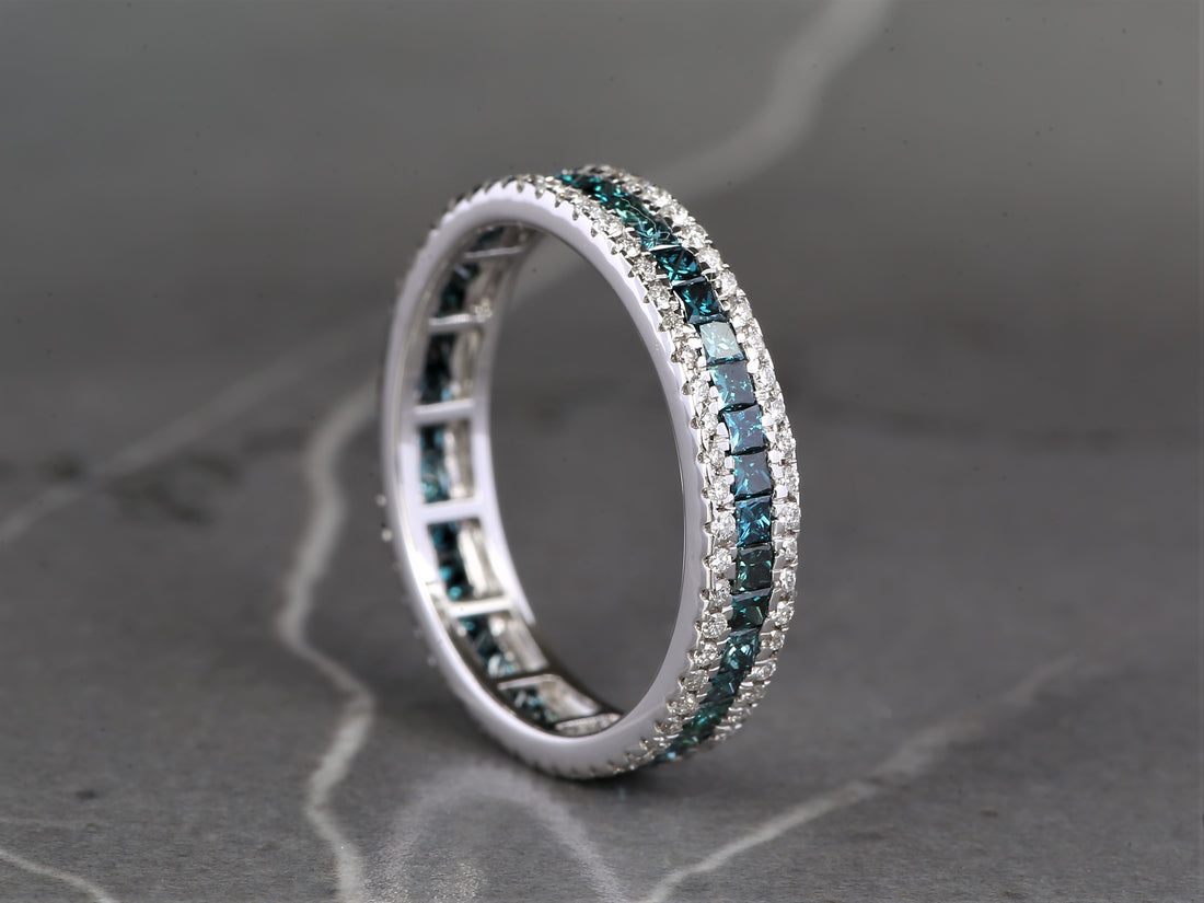 Blue Princess Cut Diamond Ring 14K Gold Anniversary Band, Natural Diamond Ring, Gift for Her