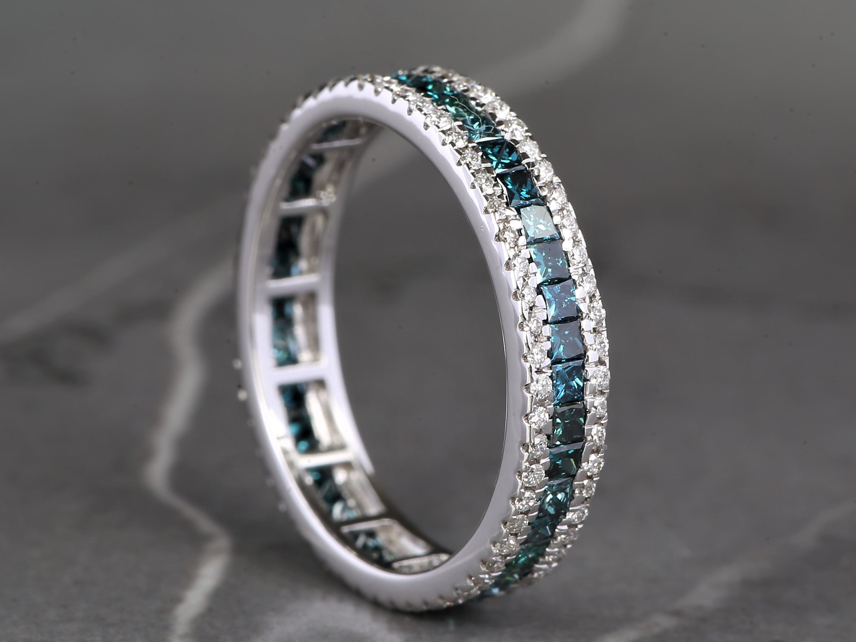 Blue Diamond Ring, 14K Gold Engagement Ring, Natural Princess Diamond Full Eternity Ring, Gift for Her