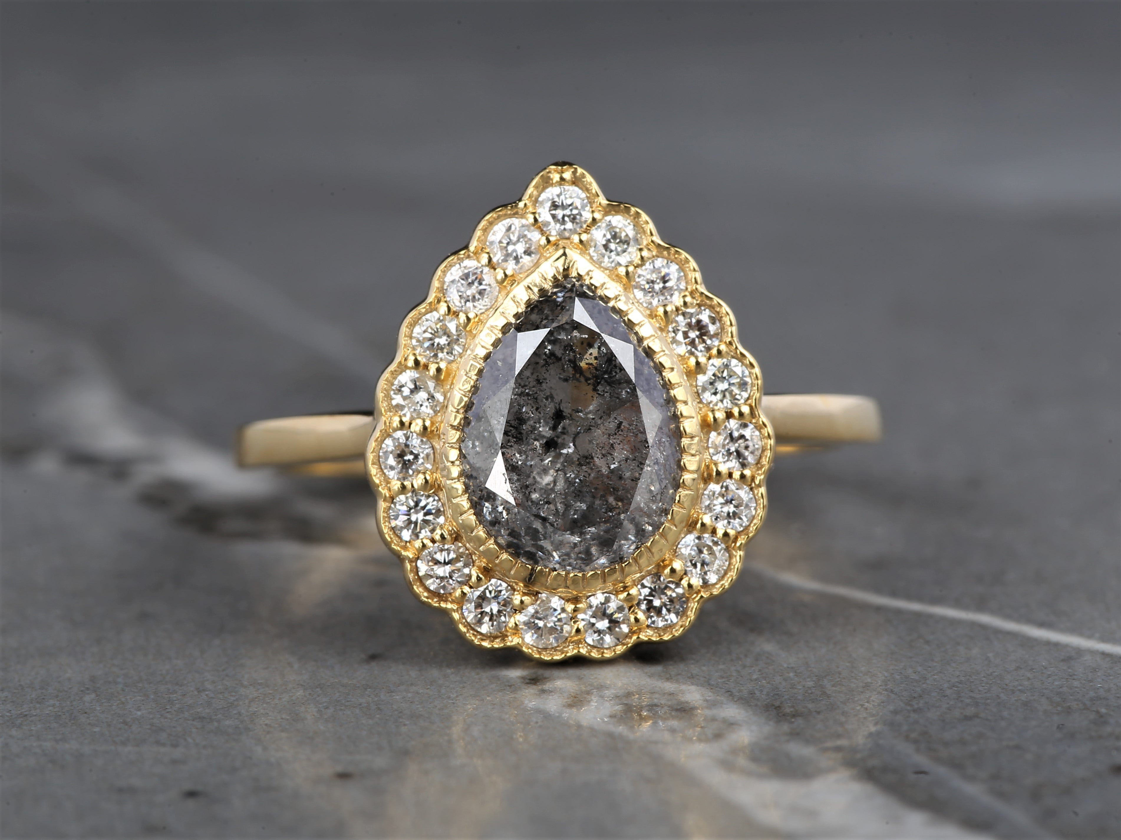 2.24 Ct Salt and Pepper Pear Diamond Ring 14K Gold Anniversary Ring, Natural Gray Diamond Ring, Gift for Her