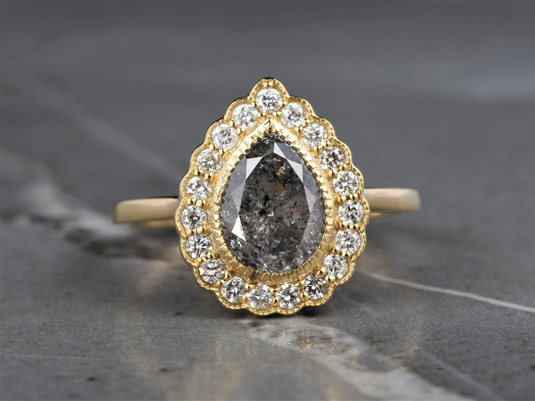 2.24 Ct Salt and Pepper Pear Diamond Ring 14K Gold Anniversary Ring, Natural Gray Diamond Ring, Gift for Her