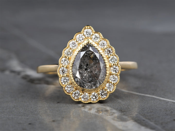 2.24 Ct Salt and Pepper Pear Diamond Ring 14K Gold Anniversary Ring, Natural Gray Diamond Ring, Gift for Her