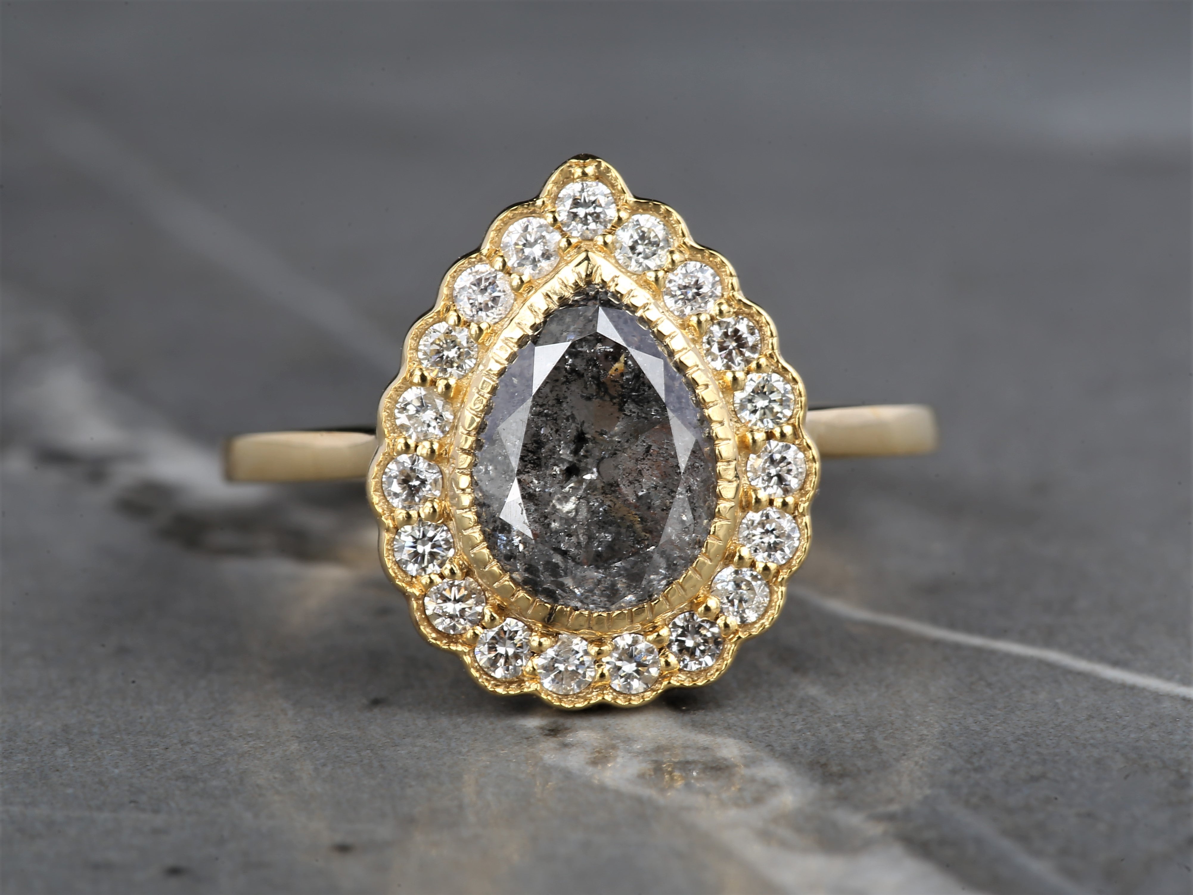 2.24 Ct Salt and Pepper Pear Diamond Ring 14K Gold Anniversary Ring, Natural Gray Diamond Ring, Gift for Her