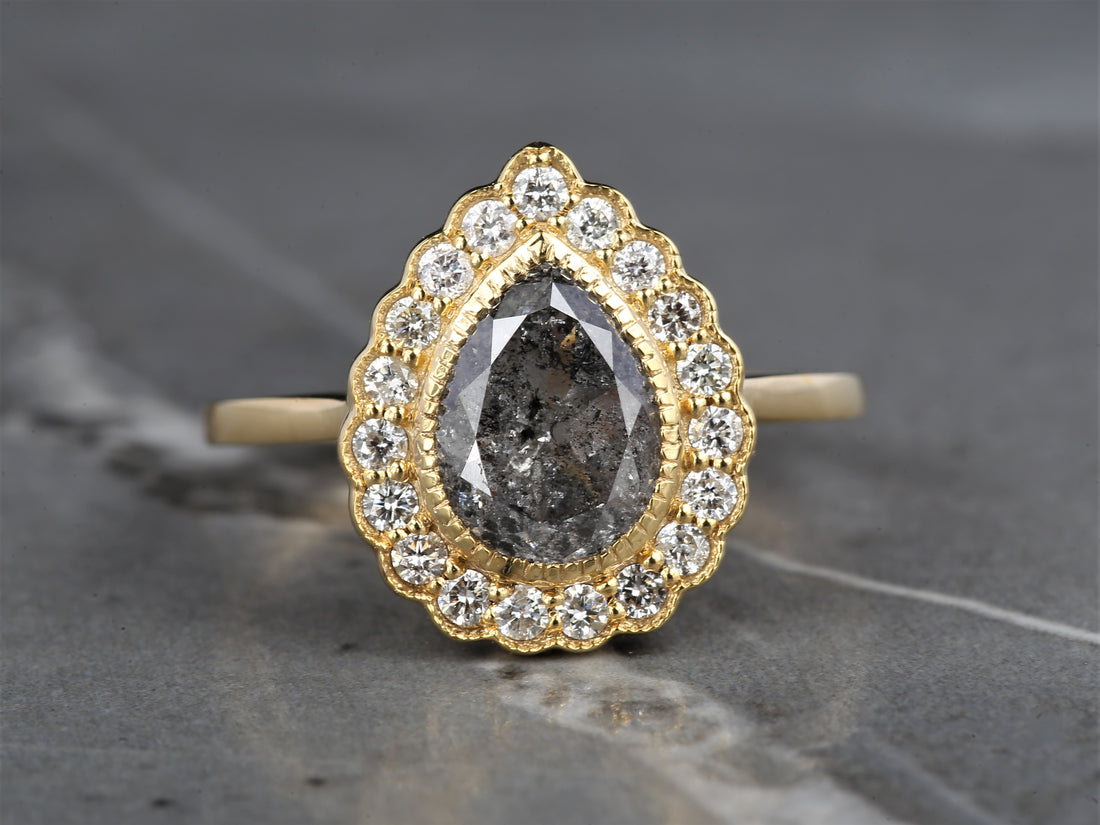 2.24 Ct Salt and Pepper Pear Diamond Ring 14K Gold Anniversary Ring, Natural Gray Diamond Ring, Gift for Her