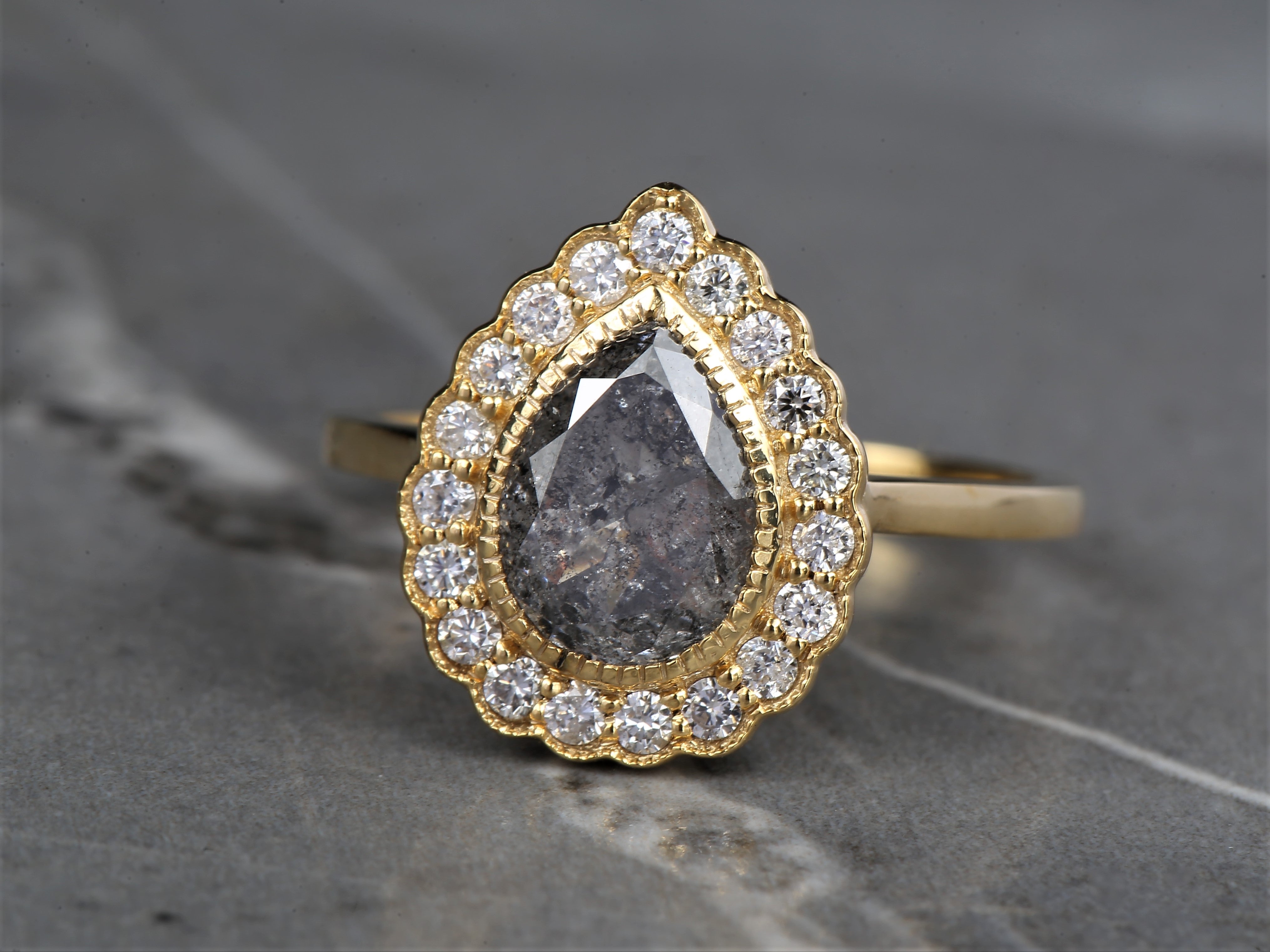 2.24 Ct Salt and Pepper Pear Diamond Ring 14K Gold Anniversary Ring, Natural Gray Diamond Ring, Gift for Her
