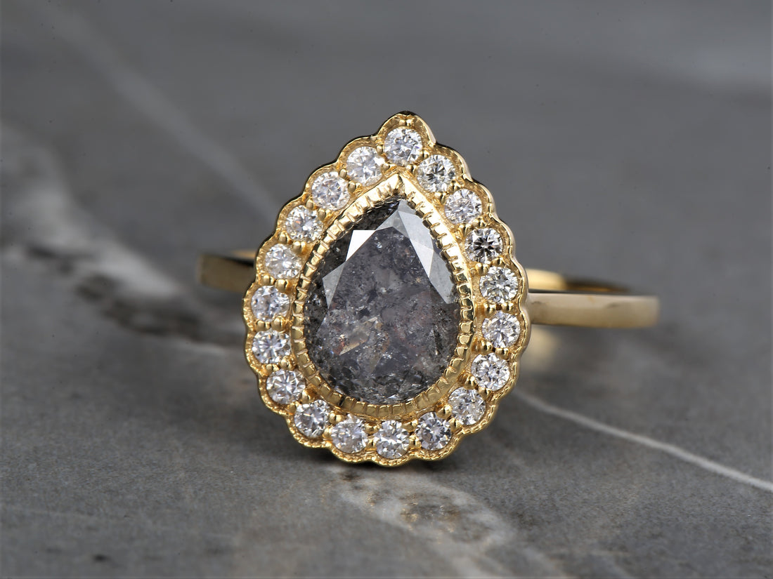 2.24 Ct Salt and Pepper Pear Diamond Ring 14K Gold Anniversary Ring, Natural Gray Diamond Ring, Gift for Her