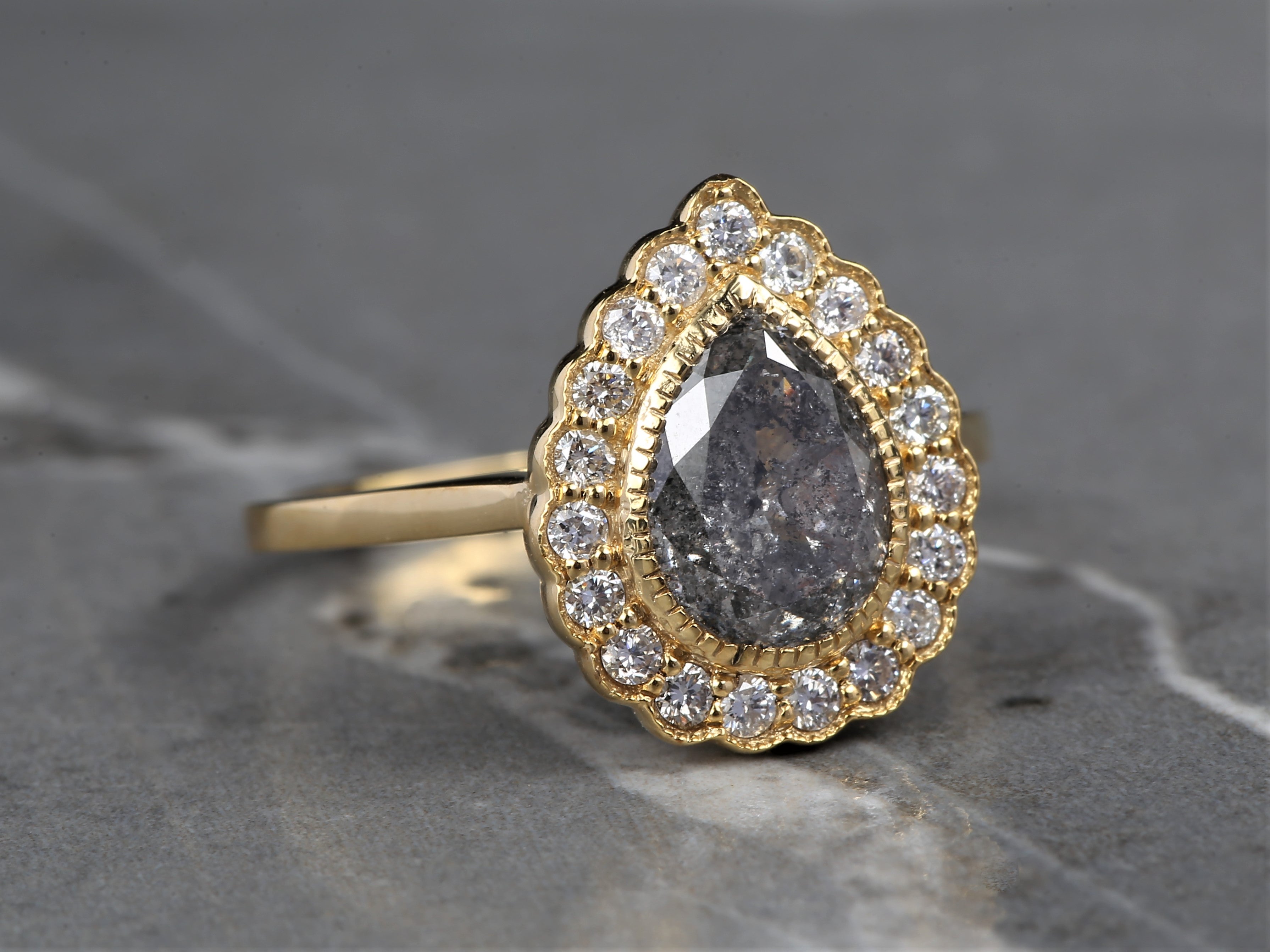 2.24 Ct Salt and Pepper Pear Diamond Ring 14K Gold Anniversary Ring, Natural Gray Diamond Ring, Gift for Her