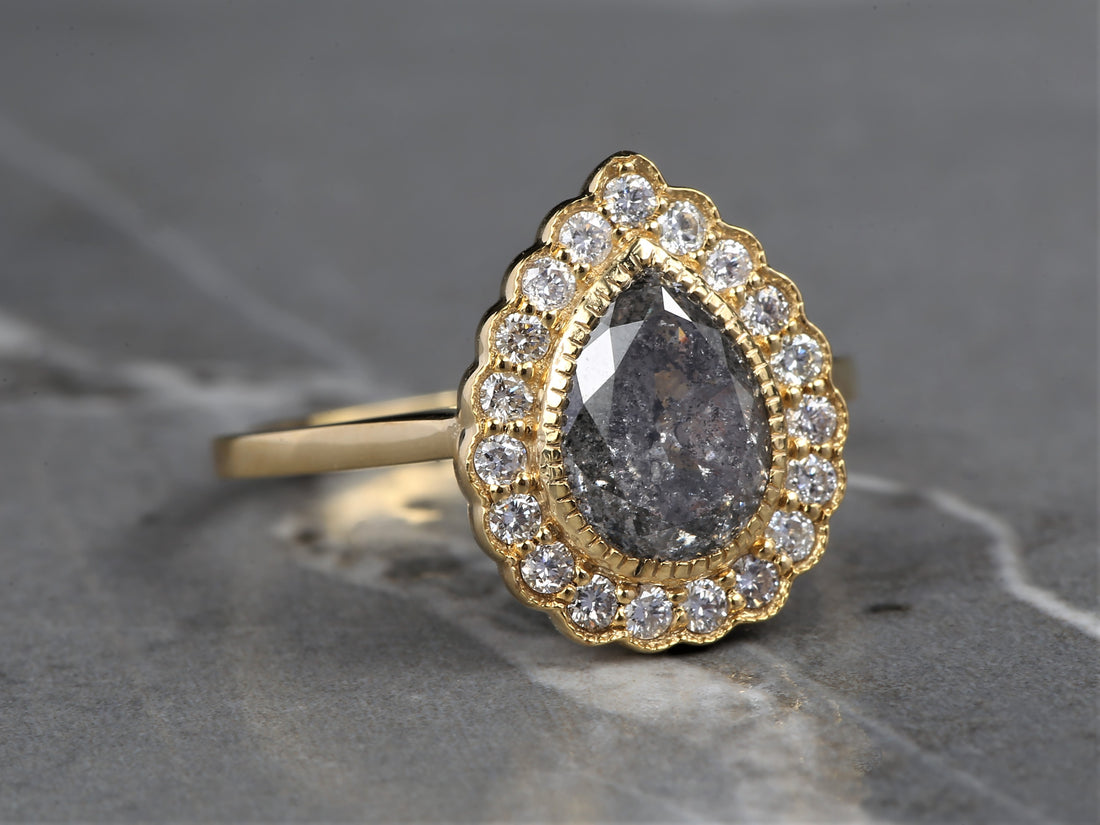 2.24 Ct Salt and Pepper Pear Diamond Ring 14K Gold Anniversary Ring, Natural Gray Diamond Ring, Gift for Her