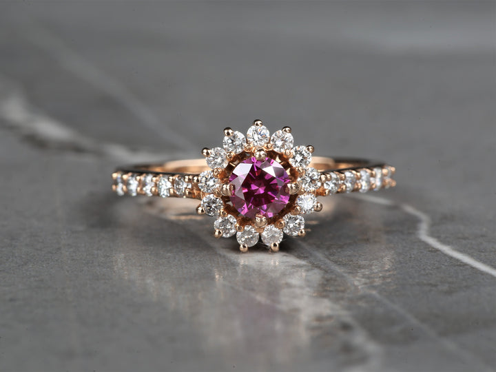 Pink Diamond Ring 14K Gold Engagement Halo Ring, Natural Pink Round Diamond Ring, Gift for Her