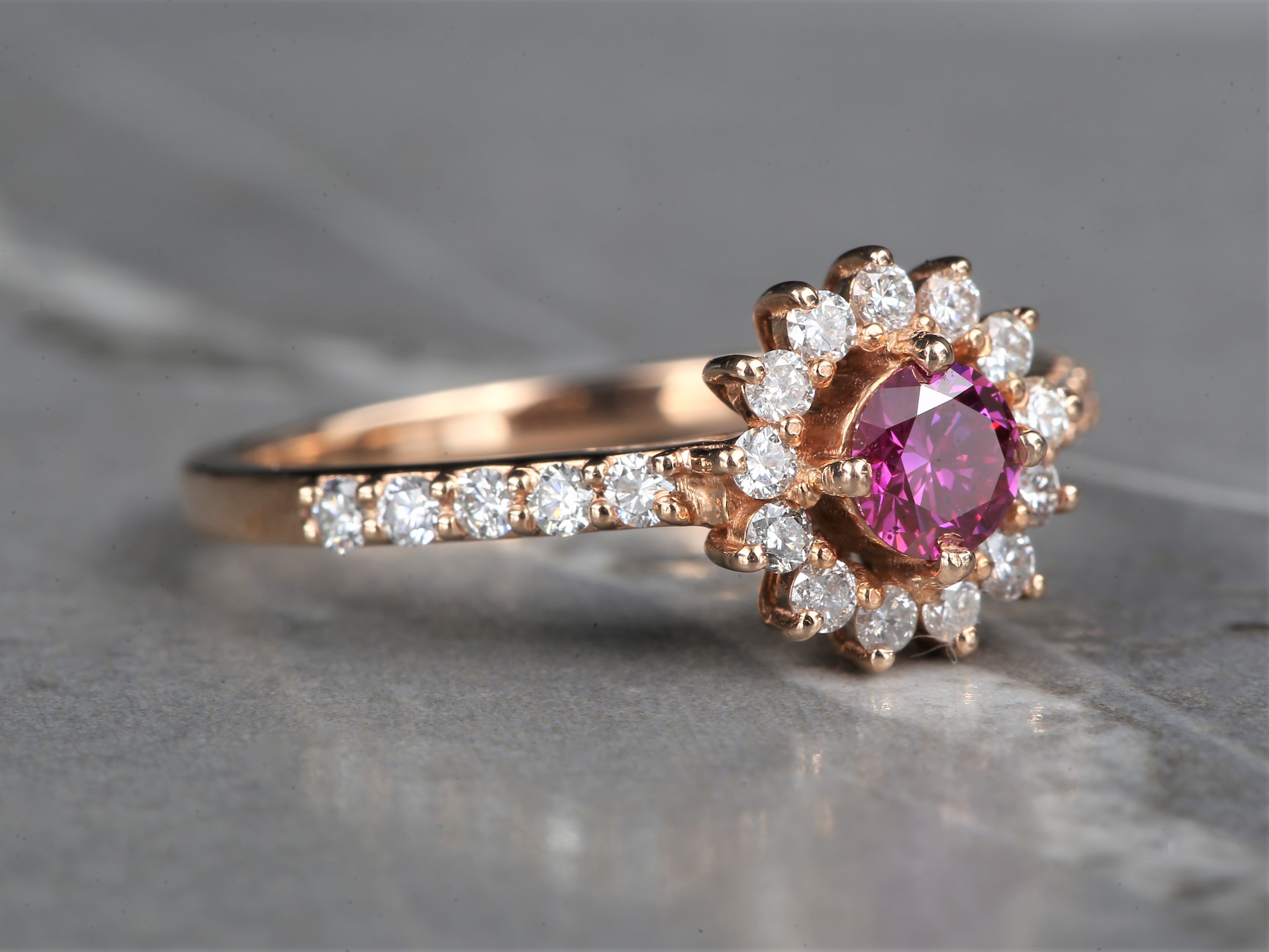 Pink Diamond Ring 14K Gold Engagement Halo Ring, Natural Pink Round Diamond Ring, Gift for Her