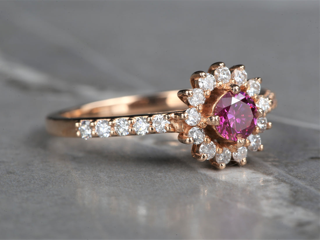 Pink Diamond Ring 14K Gold Engagement Halo Ring, Natural Pink Round Diamond Ring, Gift for Her