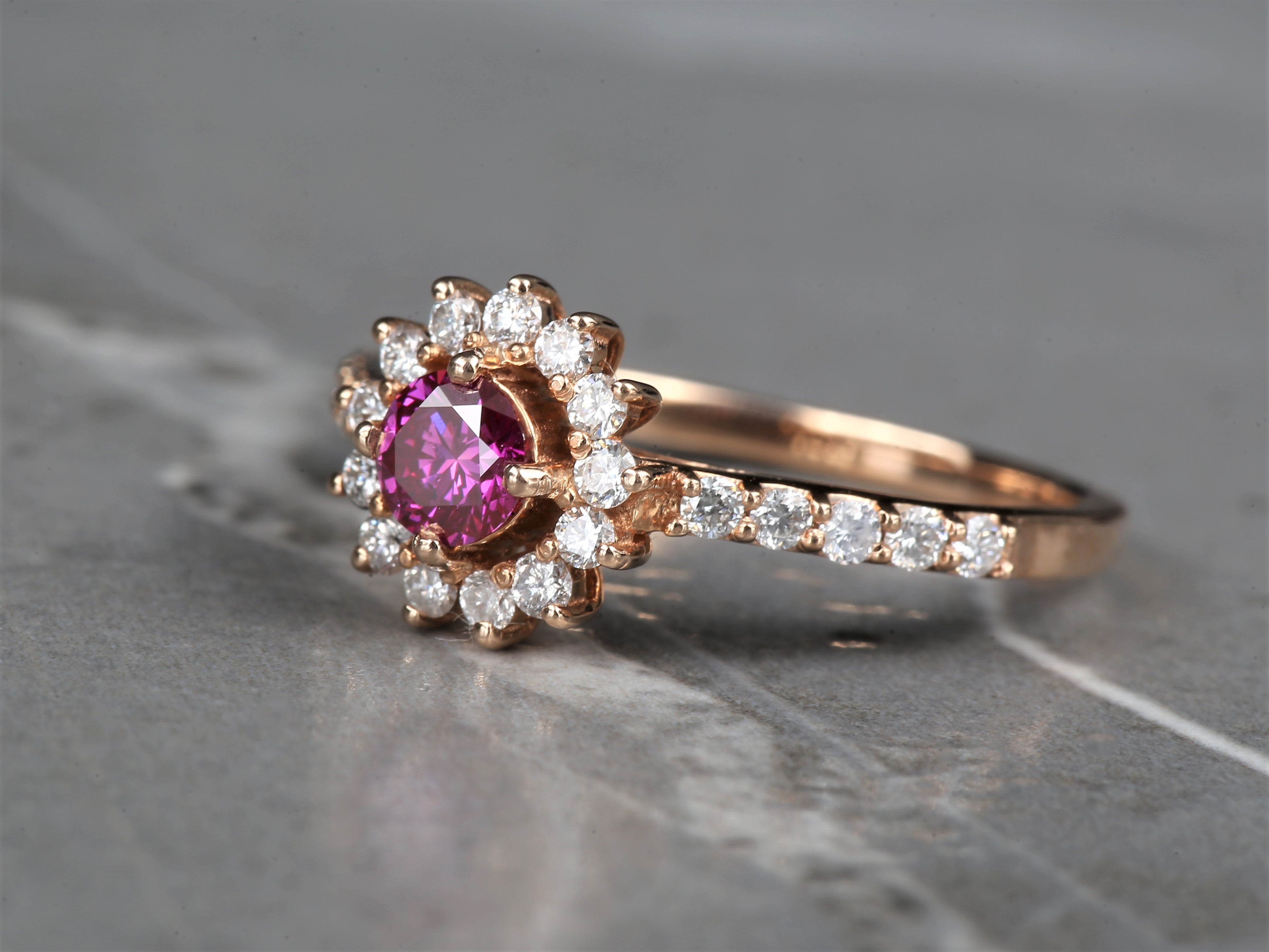 Pink Diamond Ring 14K Gold Engagement Halo Ring, Natural Pink Round Diamond Ring, Gift for Her