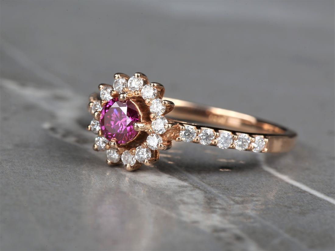Pink Diamond Ring 14K Gold Engagement Halo Ring, Natural Pink Round Diamond Ring, Gift for Her