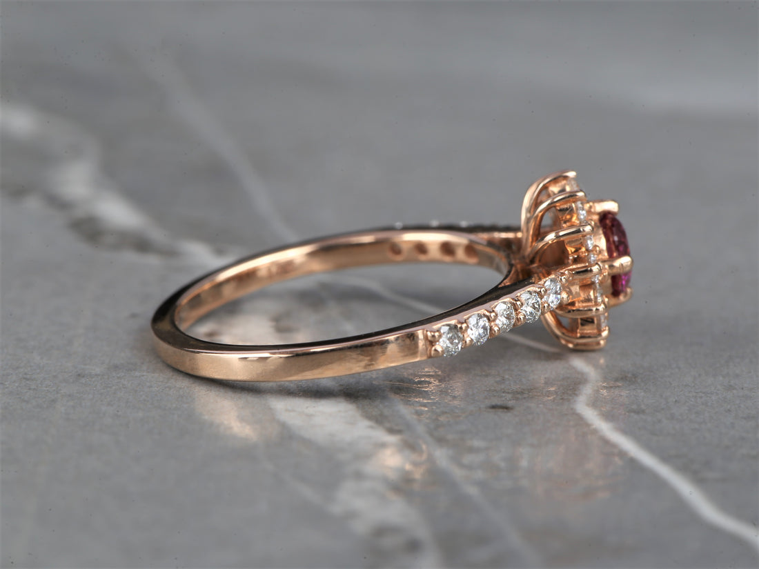 Pink Diamond Ring 14K Gold Engagement Halo Ring, Natural Pink Round Diamond Ring, Gift for Her