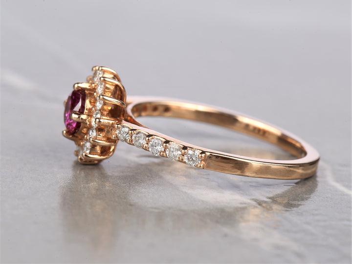 Pink Diamond Ring 14K Gold Engagement Halo Ring, Natural Pink Round Diamond Ring, Gift for Her