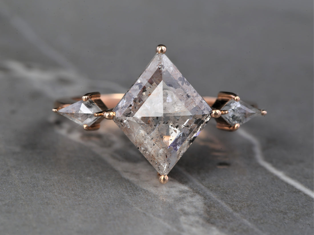 Salt and Pepper Diamond Ring, 14K Gold Anniversary Ring, Natural Gray Kite Diamond Ring, Gift for Her