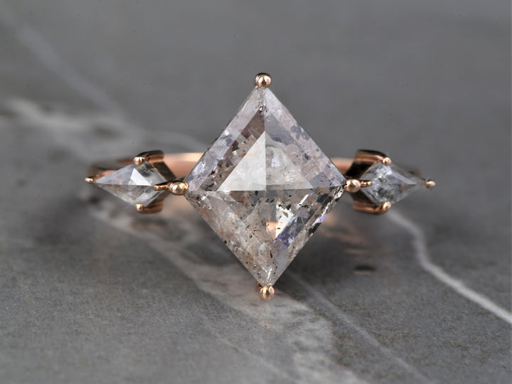 Salt and Pepper Diamond Ring, 14K Gold Anniversary Ring, Natural Gray Kite Diamond Ring, Gift for Her