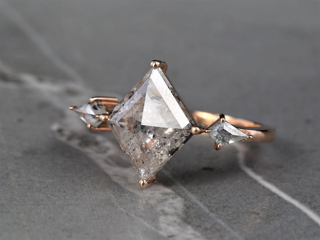 Salt and Pepper Diamond Ring, 14K Gold Anniversary Ring, Natural Gray Kite Diamond Ring, Gift for Her