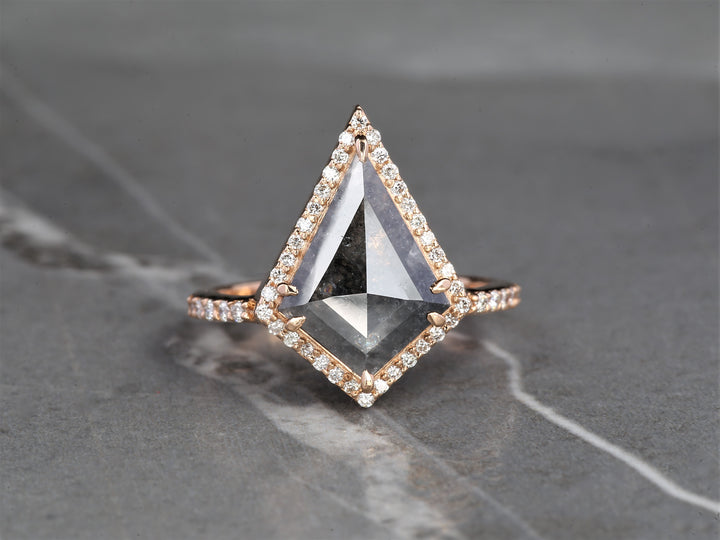 Salt and Pepper Kite Diamond Ring 14K Gold Anniversary Band, Natural Gray Diamond Ring, Gift for Her