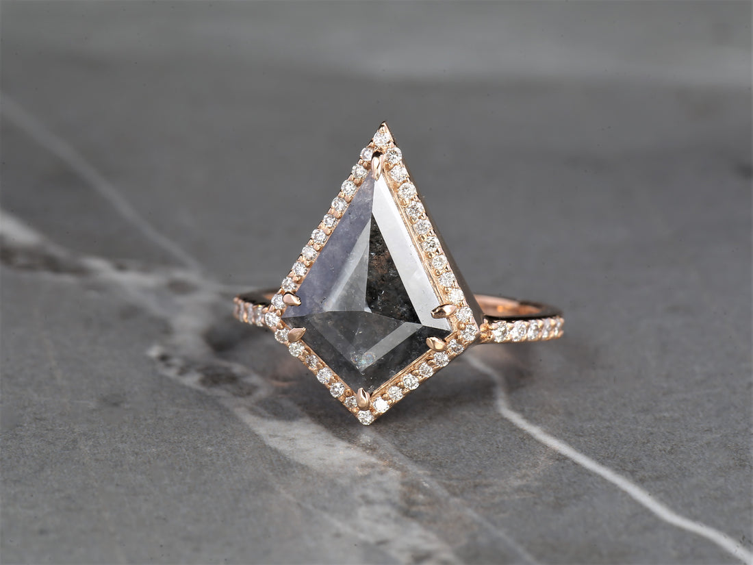 Salt and Pepper Kite Diamond Ring 14K Gold Anniversary Band, Natural Gray Diamond Ring, Gift for Her
