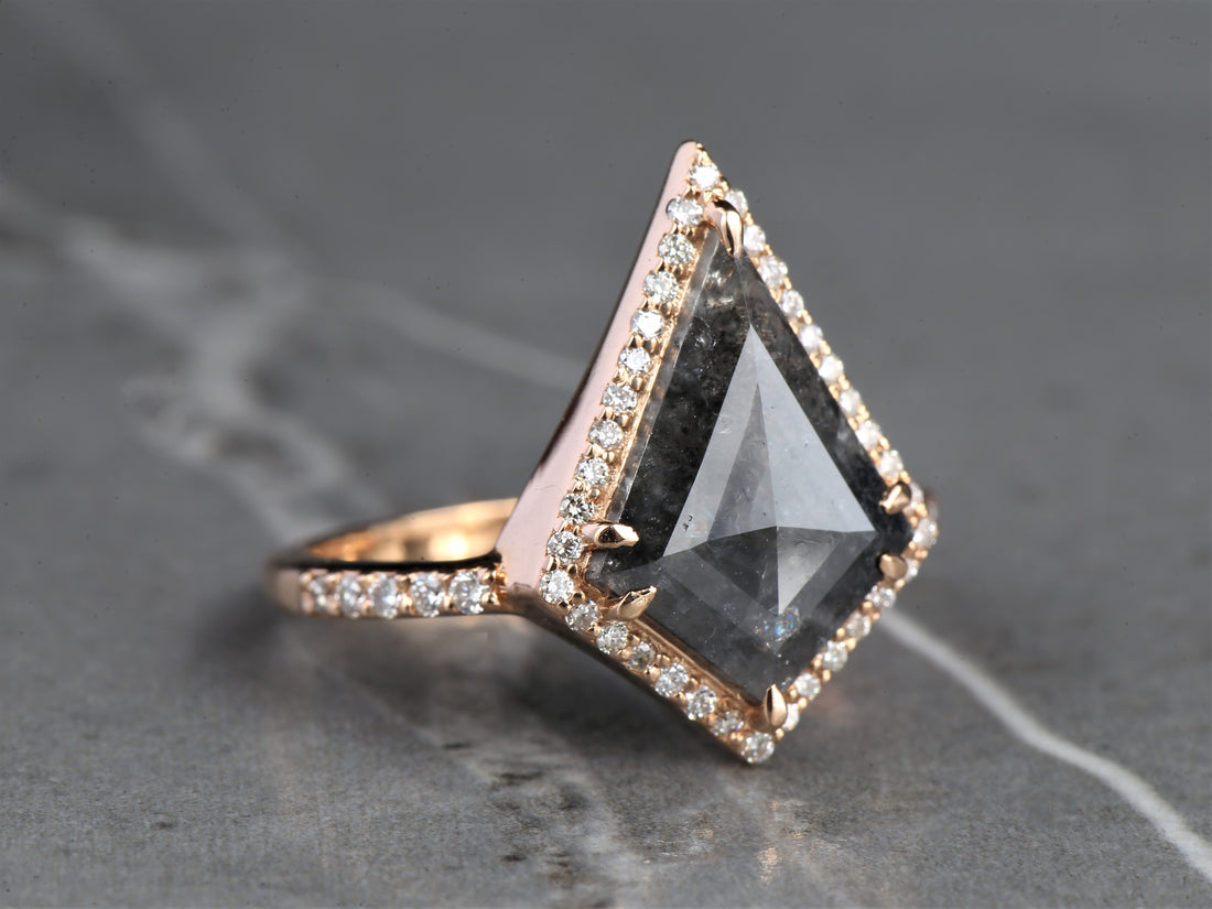 Salt and Pepper Kite Diamond Ring 14K Gold Anniversary Band, Natural Gray Diamond Ring, Gift for Her
