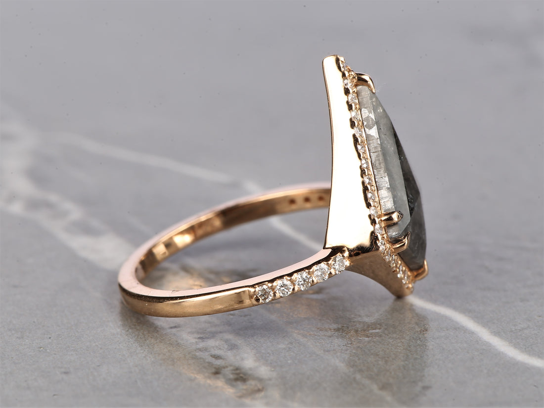 Salt and Pepper Kite Diamond Ring 14K Gold Anniversary Band, Natural Gray Diamond Ring, Gift for Her