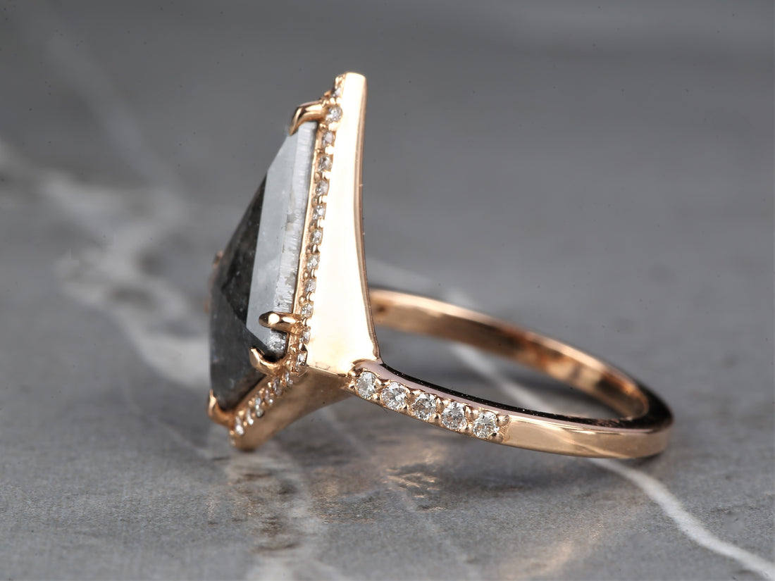 Salt and Pepper Kite Diamond Ring 14K Gold Anniversary Band, Natural Gray Diamond Ring, Gift for Her