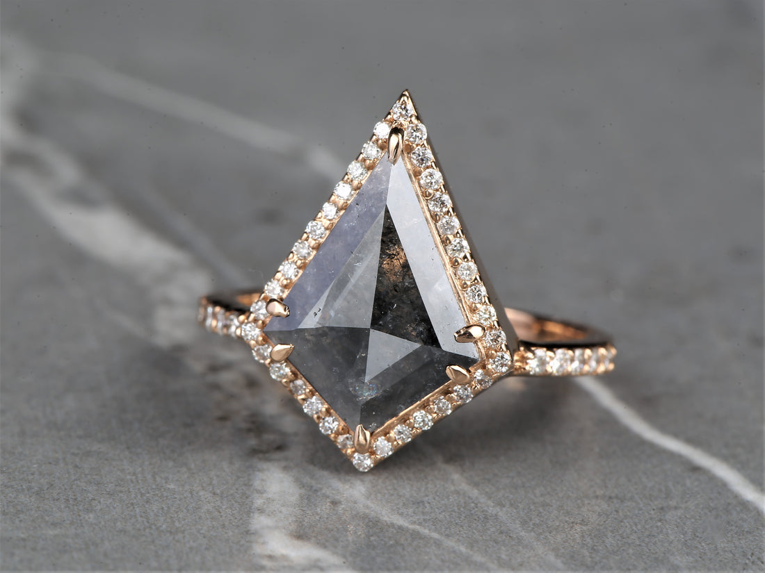 Salt and Pepper Kite Diamond Ring 14K Gold Anniversary Band, Natural Gray Diamond Ring, Gift for Her