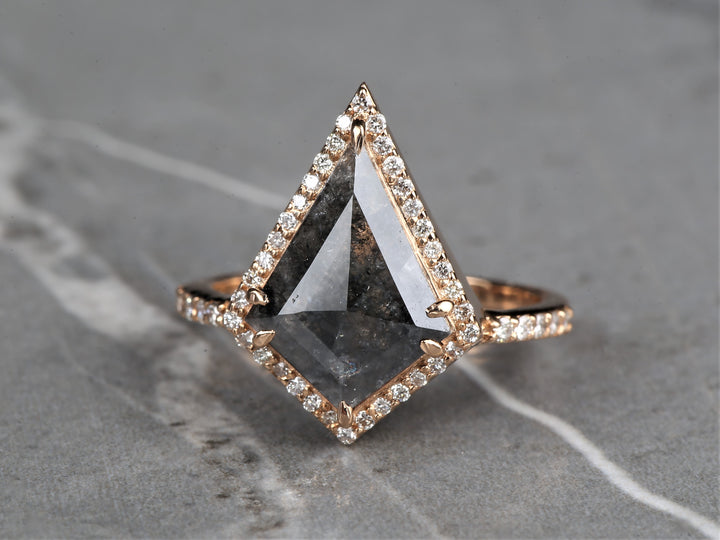 Salt and Pepper Kite Diamond Ring 14K Gold Anniversary Band, Natural Gray Diamond Ring, Gift for Her