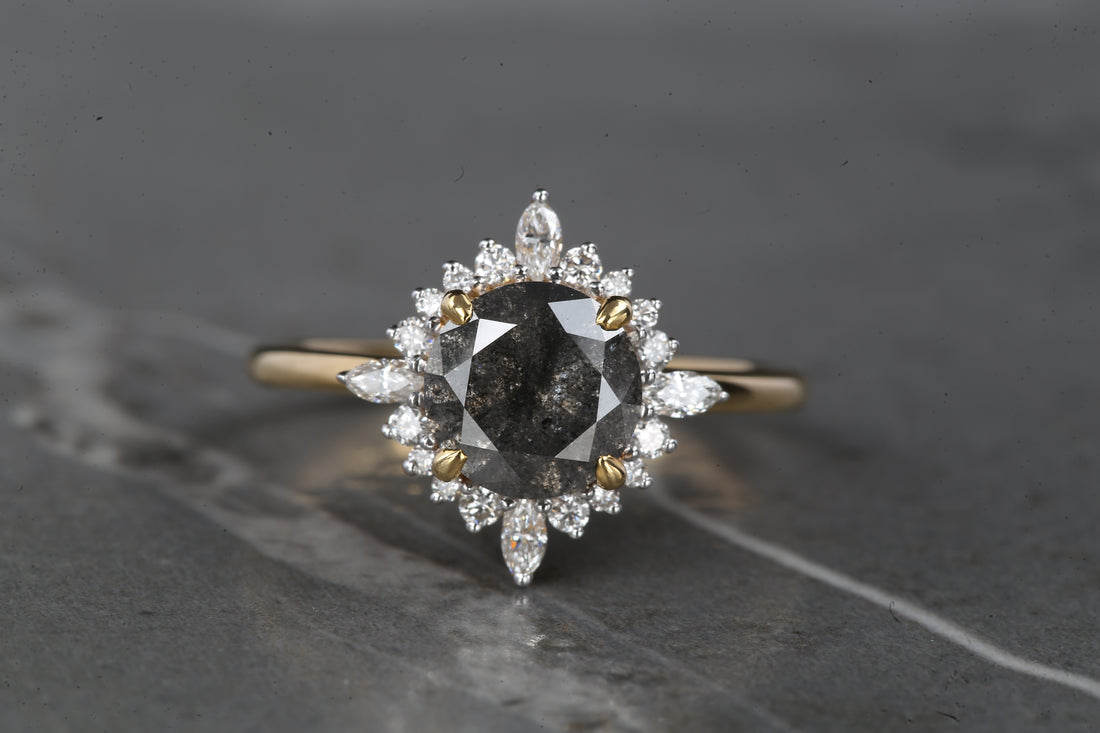 1.77 Ct Salt and Pepper Round Diamond Ring 14K Gold Anniversary Ring, Natural Gray Diamond Ring, Gift for Her