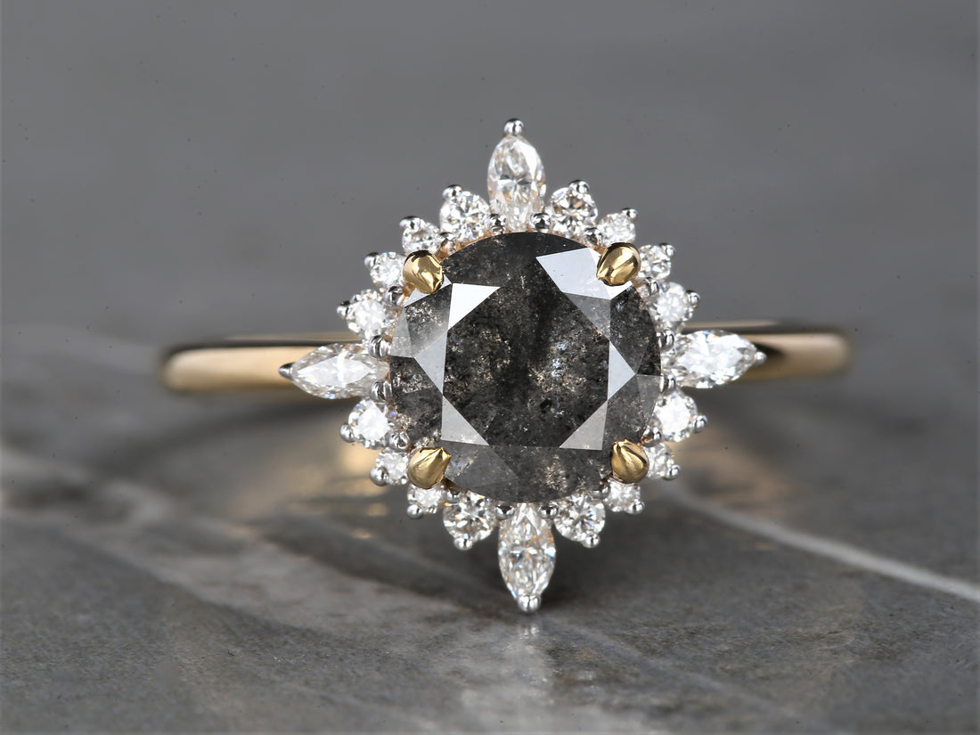 1.77 Ct Salt and Pepper Round Diamond Ring 14K Gold Anniversary Ring, Natural Gray Diamond Ring, Gift for Her