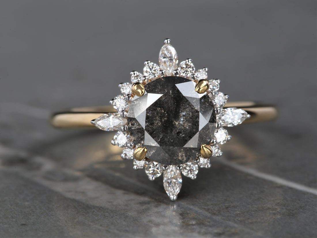 1.77 Ct Salt and Pepper Round Diamond Ring 14K Gold Anniversary Ring, Natural Gray Diamond Ring, Gift for Her