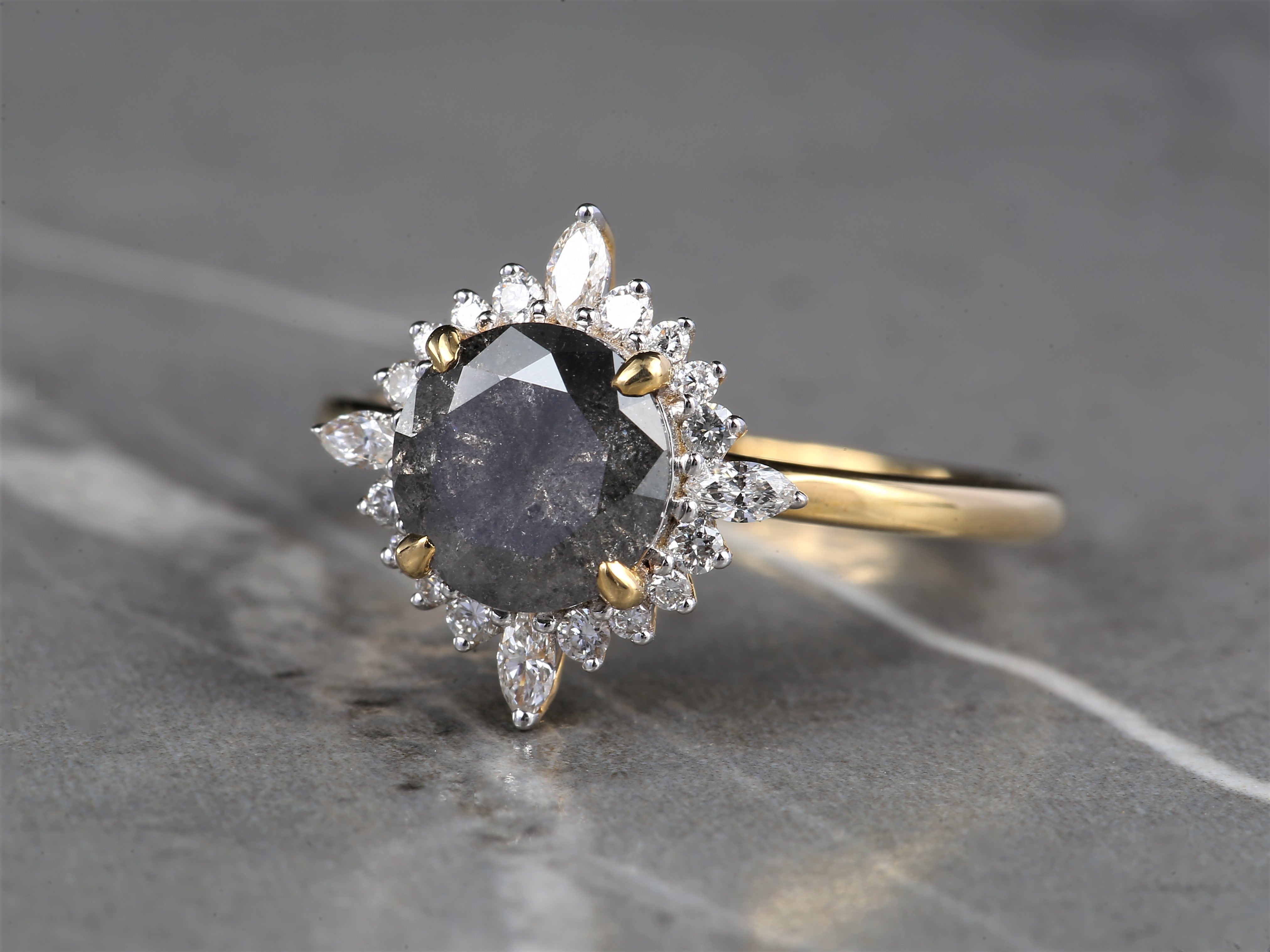 1.77 Ct Salt and Pepper Round Diamond Ring 14K Gold Anniversary Ring, Natural Gray Diamond Ring, Gift for Her