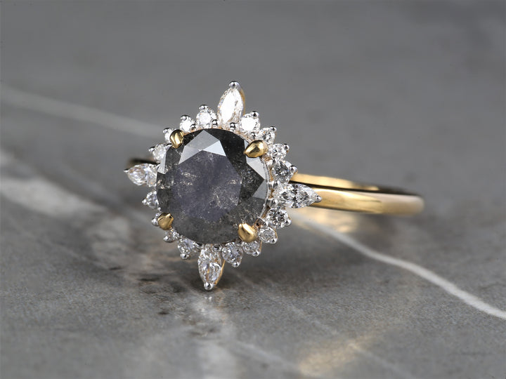 1.77 Ct Salt and Pepper Round Diamond Ring 14K Gold Anniversary Ring, Natural Gray Diamond Ring, Gift for Her