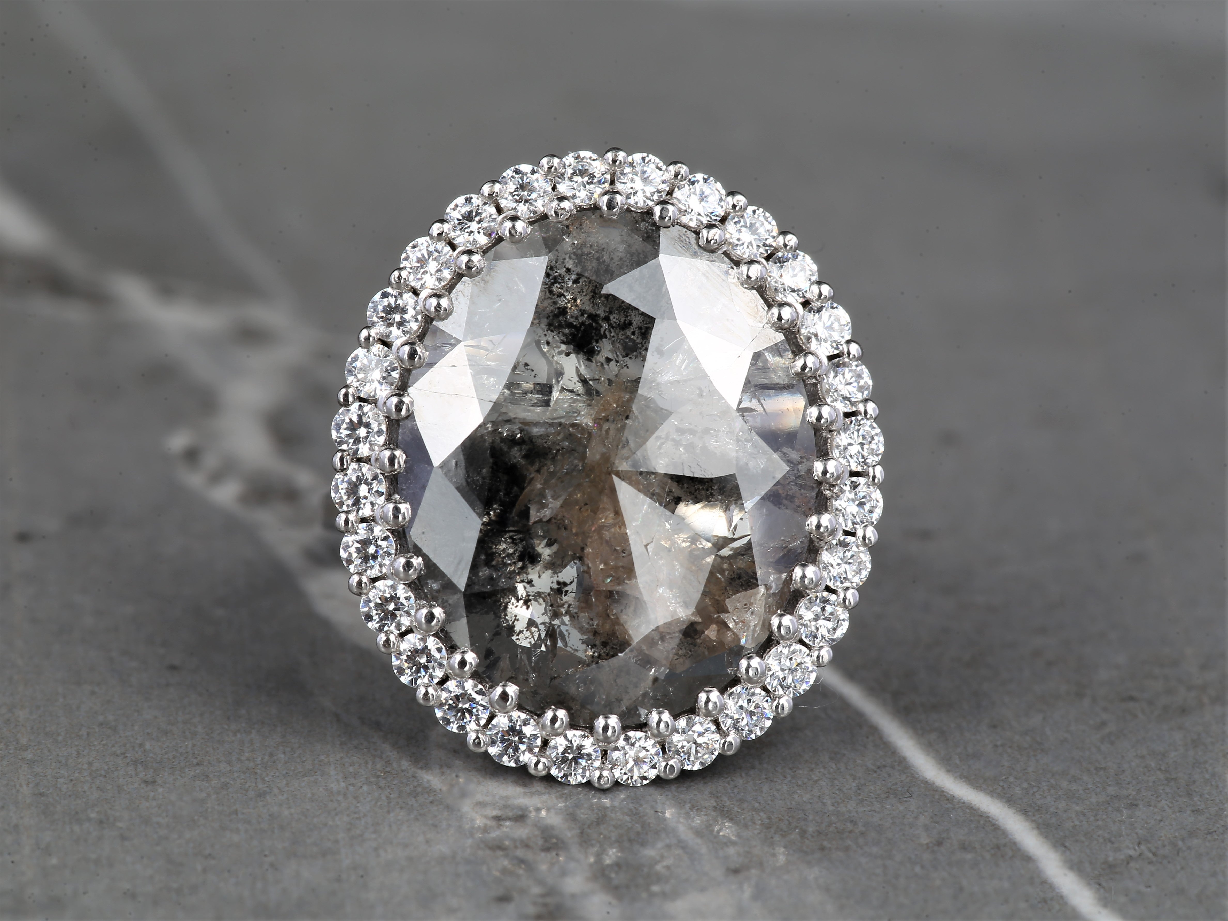 8.80 Ct Salt and Pepper Oval Diamond Ring 14K Gold Anniversary Ring, Natural Gray Diamond Halo Ring, Gift for Her