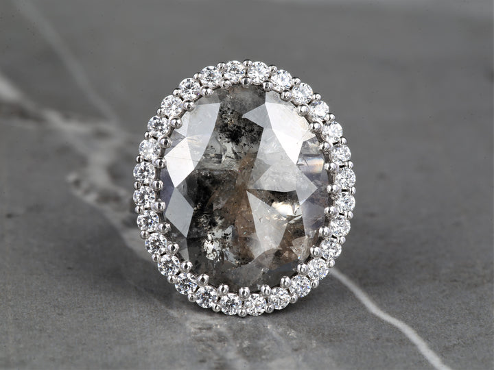 8.80 Ct Salt and Pepper Oval Diamond Ring 14K Gold Anniversary Ring, Natural Gray Diamond Halo Ring, Gift for Her