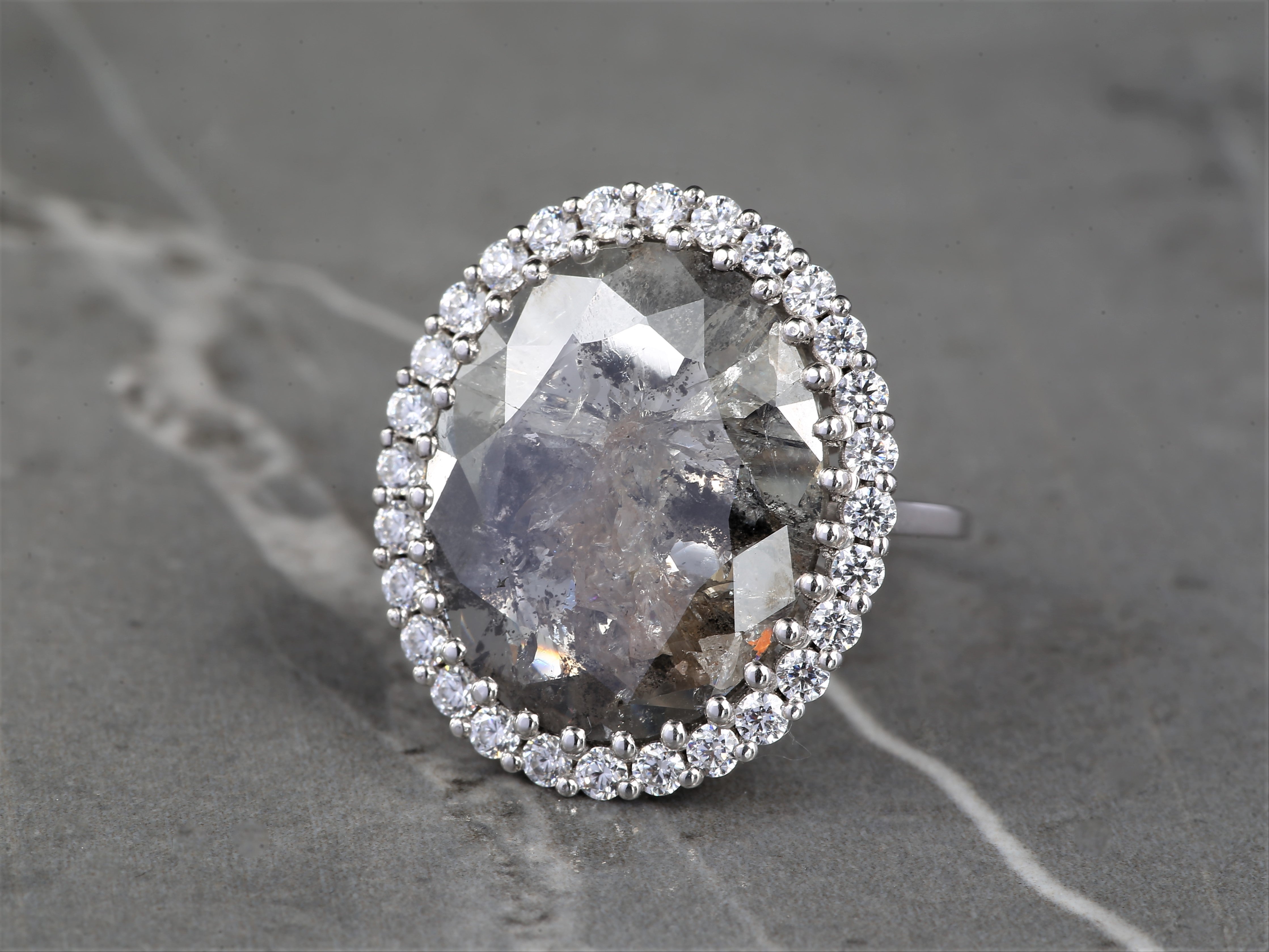 8.80 Ct Salt and Pepper Oval Diamond Ring 14K Gold Anniversary Ring, Natural Gray Diamond Halo Ring, Gift for Her
