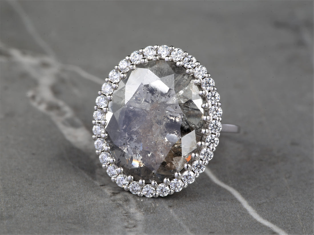 8.80 Ct Salt and Pepper Oval Diamond Ring 14K Gold Anniversary Ring, Natural Gray Diamond Halo Ring, Gift for Her
