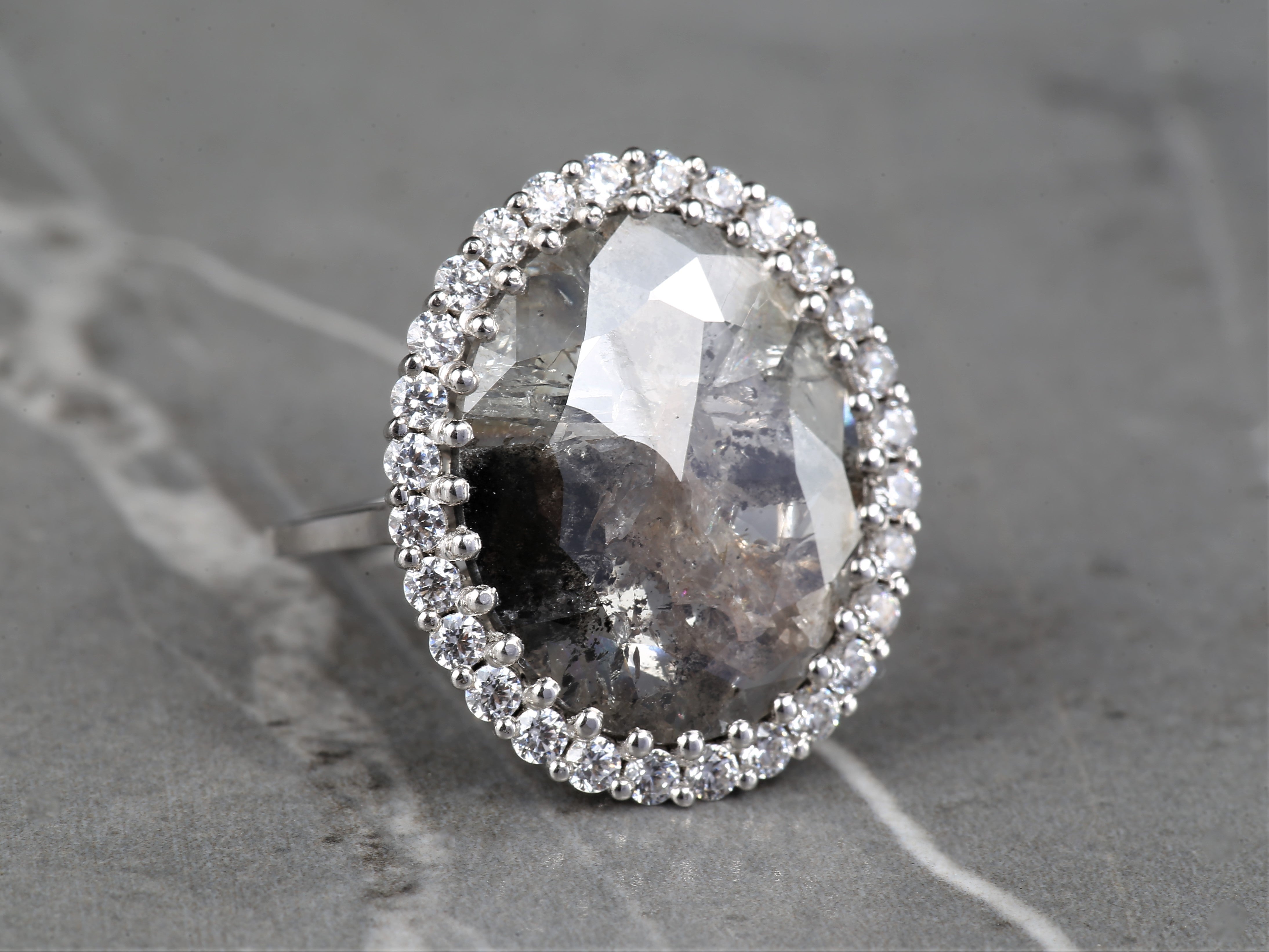 8.80 Ct Salt and Pepper Oval Diamond Ring 14K Gold Anniversary Ring, Natural Gray Diamond Halo Ring, Gift for Her