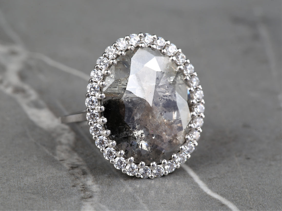 8.80 Ct Salt and Pepper Oval Diamond Ring 14K Gold Anniversary Ring, Natural Gray Diamond Halo Ring, Gift for Her