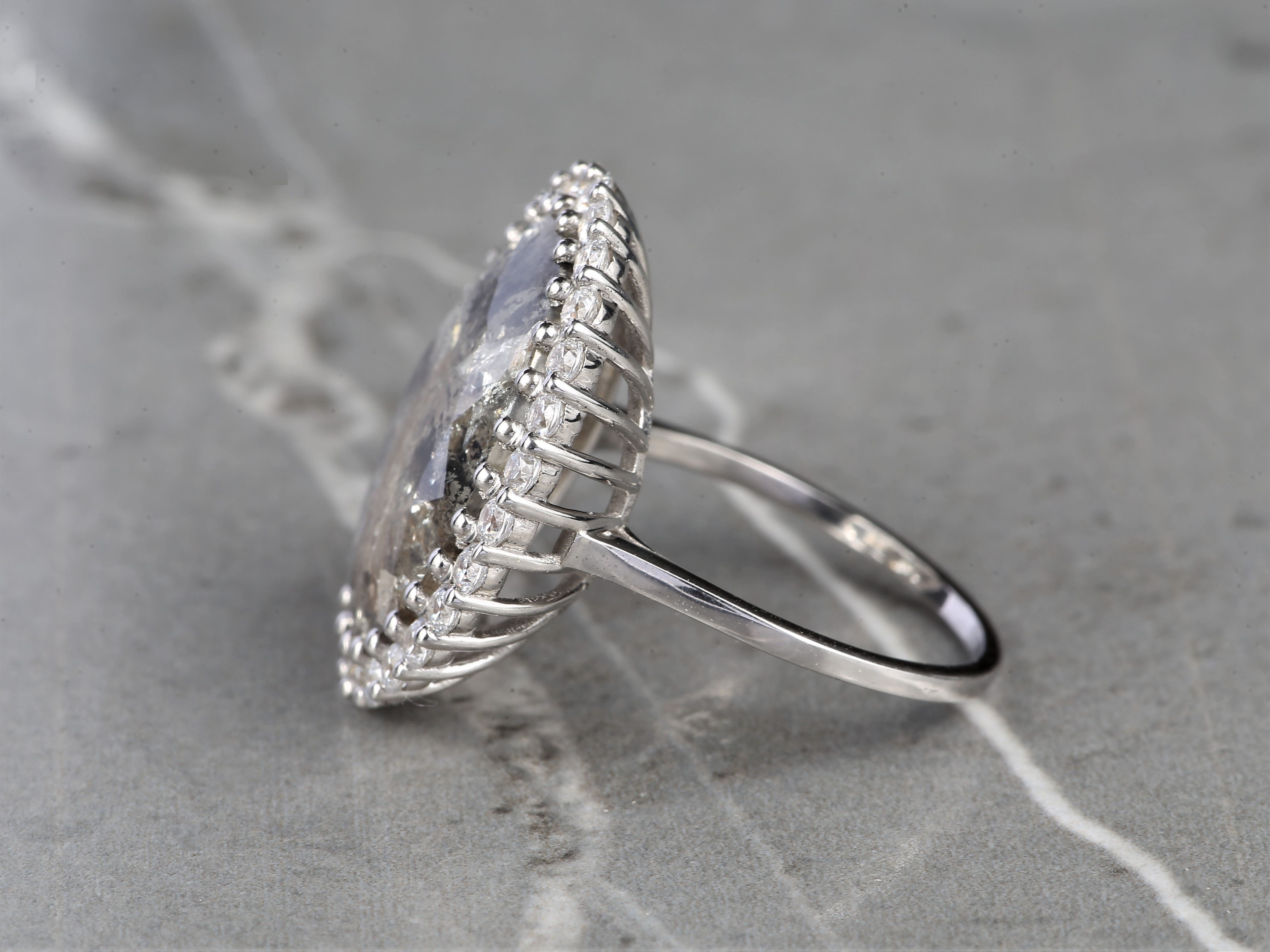 8.80 Ct Salt and Pepper Oval Diamond Ring 14K Gold Anniversary Ring, Natural Gray Diamond Halo Ring, Gift for Her